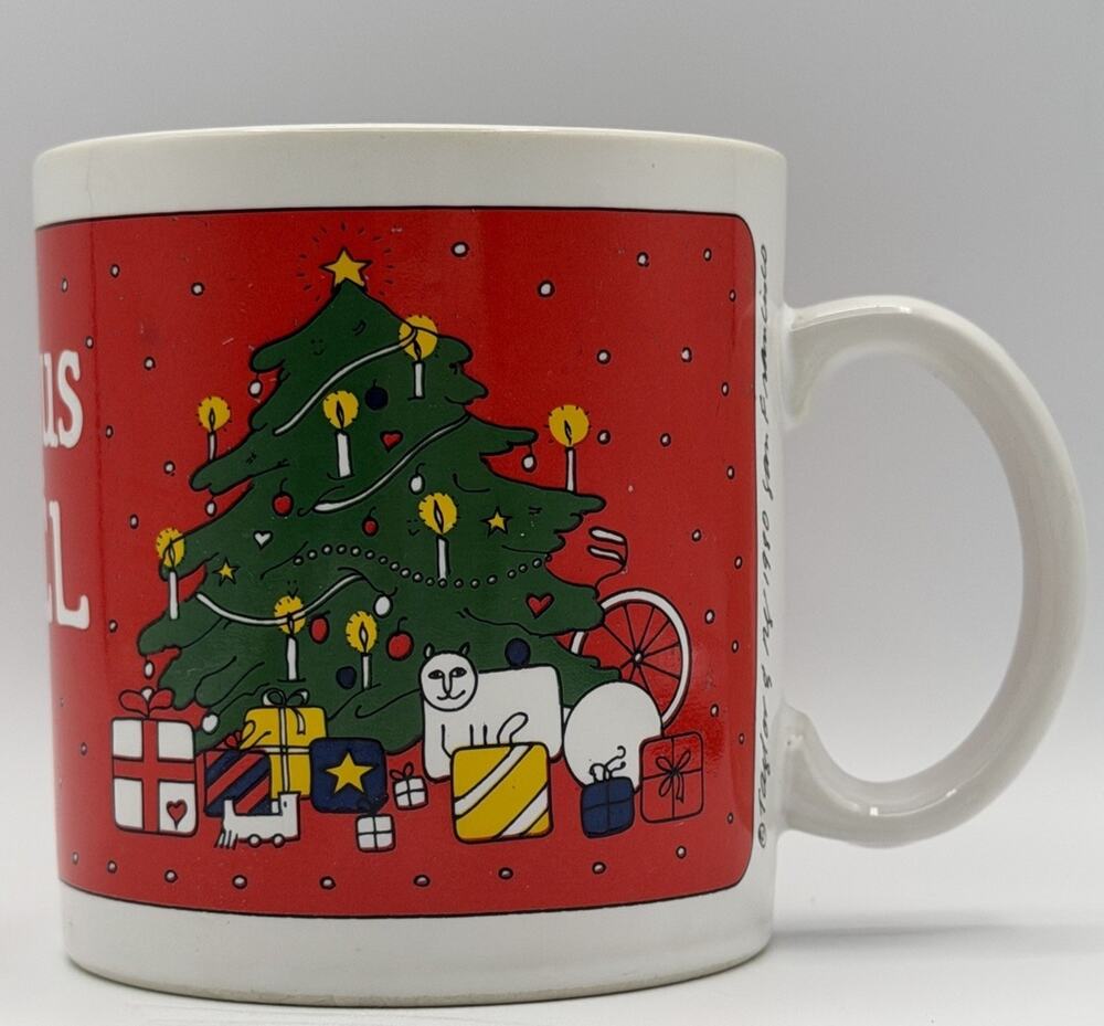 Taylor & Ng 1980 Coffee Mug Joyous Noel White Cat Child Presents Christmas Tree